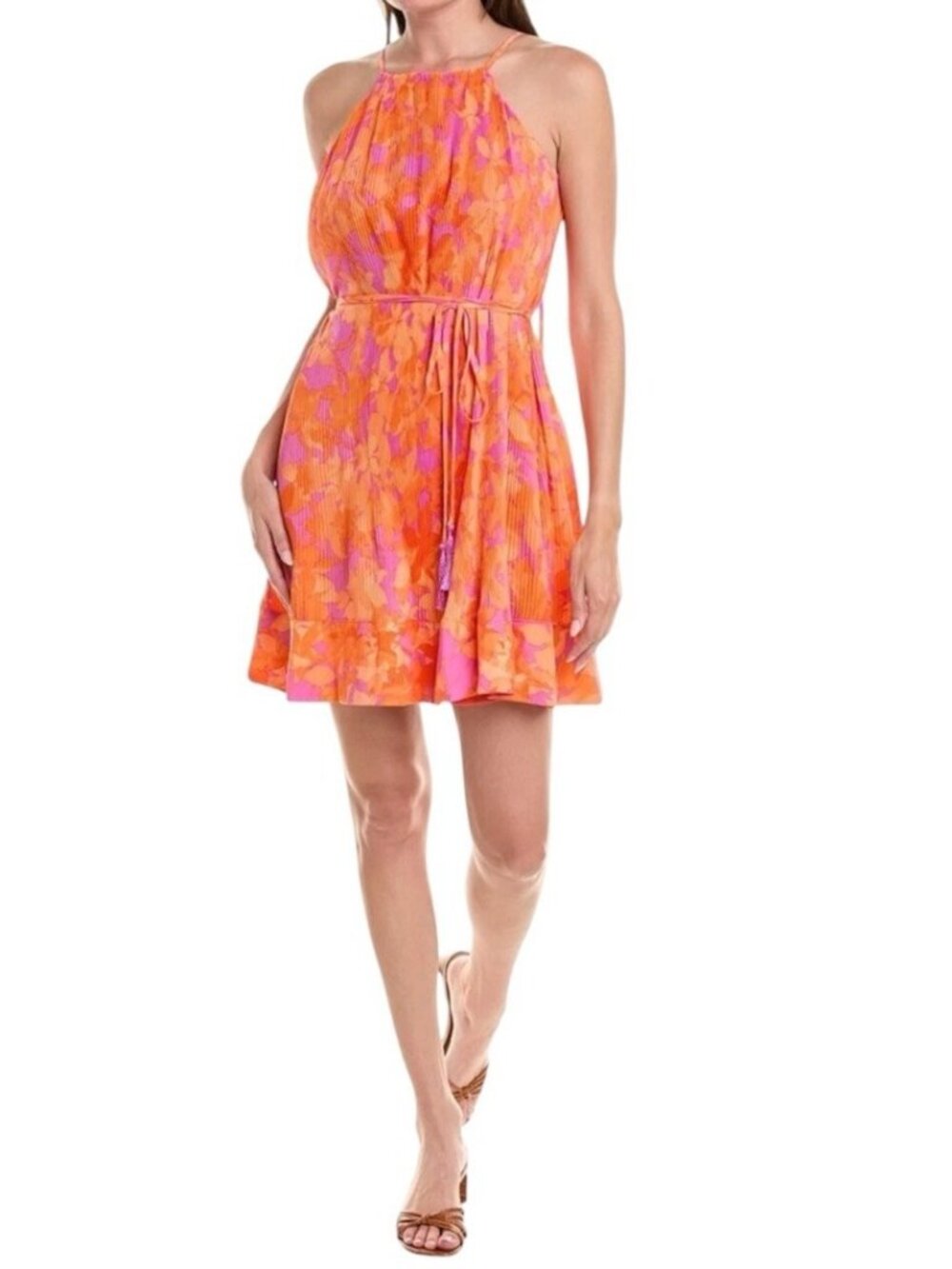Taylor Orange Floral Pleated Tasseled Crepe Boho Vacation Dress Size XS